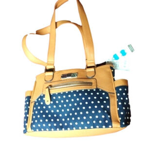 Boscov Navy Blue Polka Dot Tan Trim Shoulder Bag